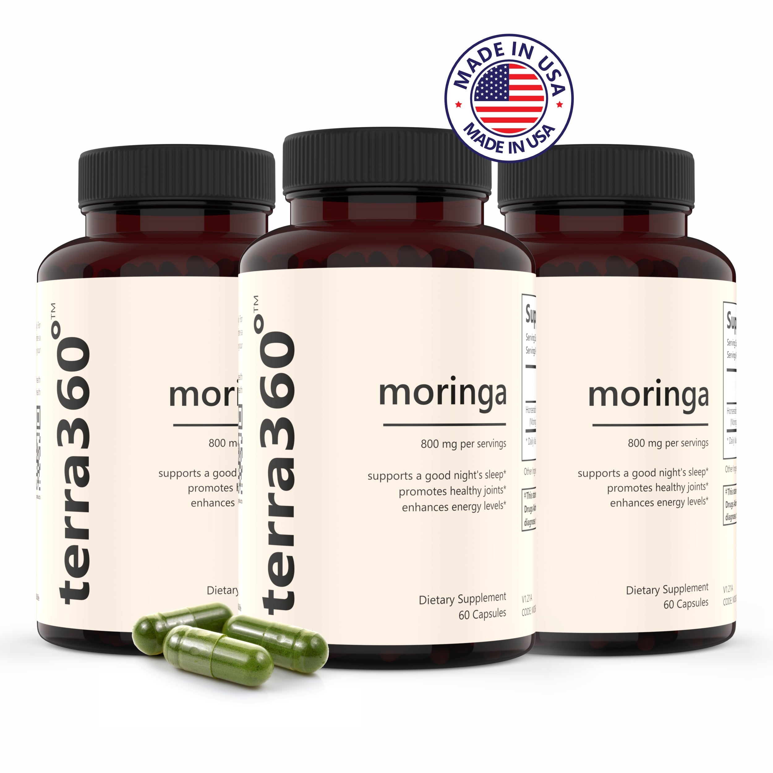 terra360° Moringa Capsules 800mg - 3 Pack for Bone Joint Immune Digestion Skin Hormonal Balance Hair Nails & Lactation - Natural Healthcare Supplement