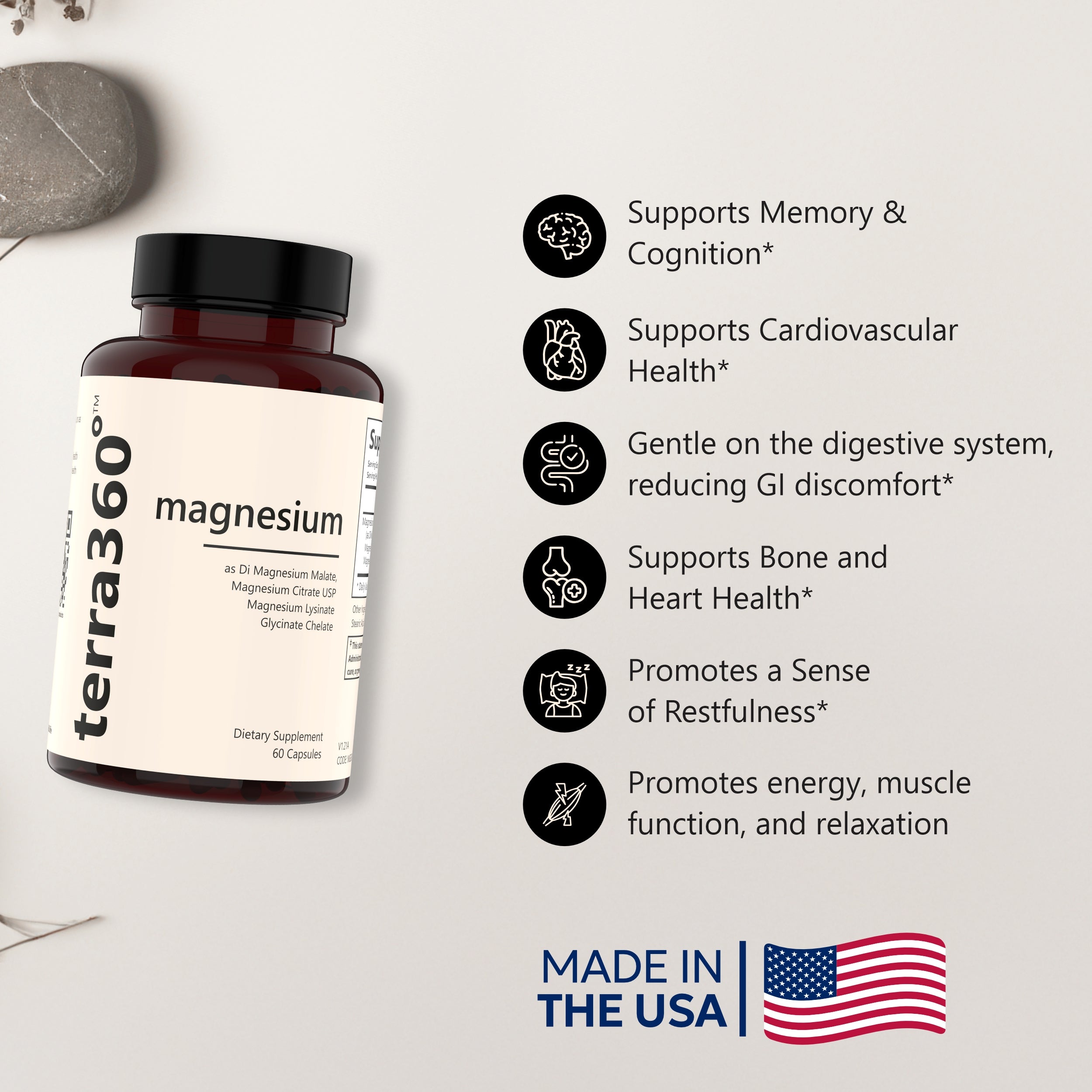 Terra360° Magnesium Capsules - ( Pack of 2 ) Heart, Muscle & Nerve Support (60 Capsules)