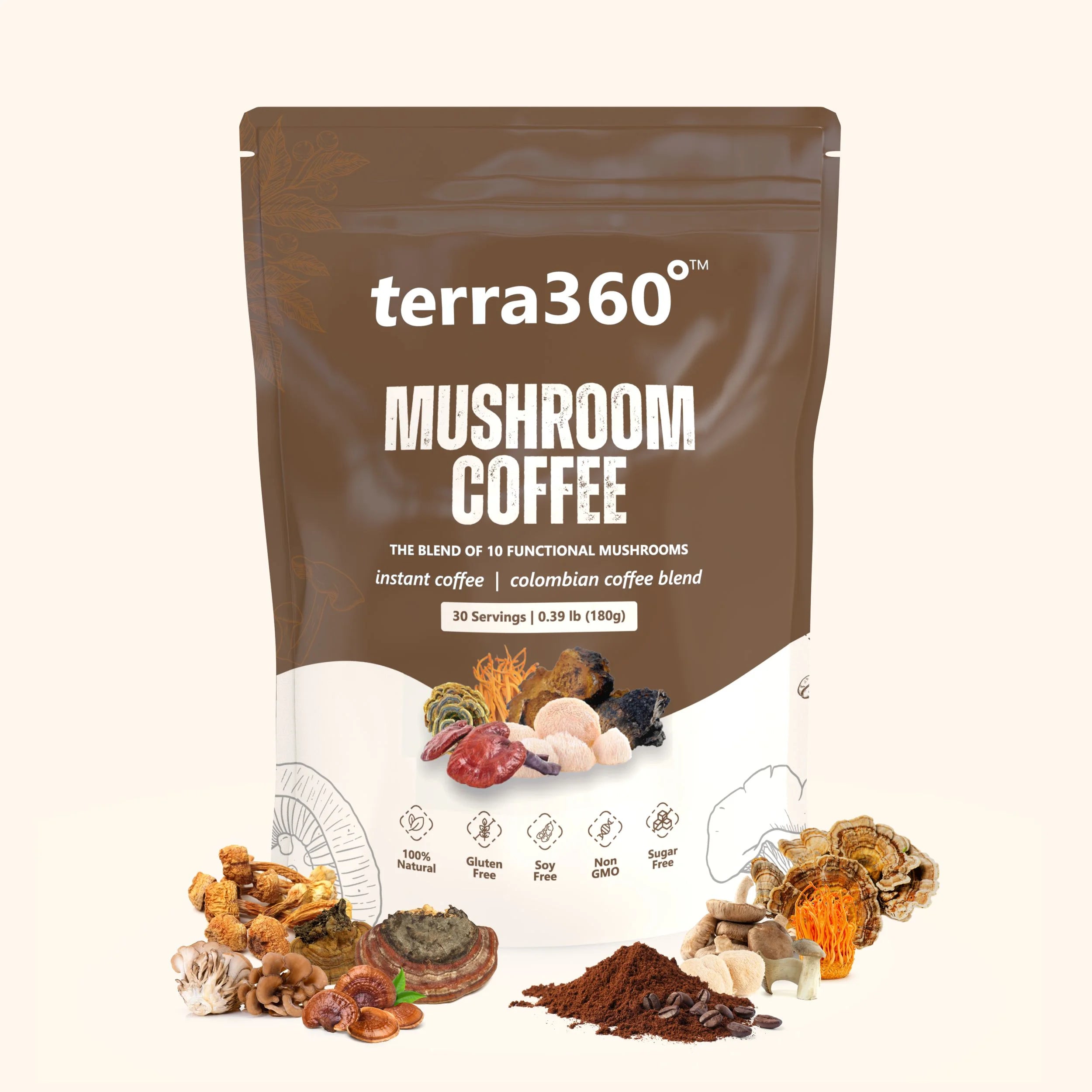 terra360° Instant Mushroom Coffee Powder - Energy & Focus Blend (180g, 30 Servings)