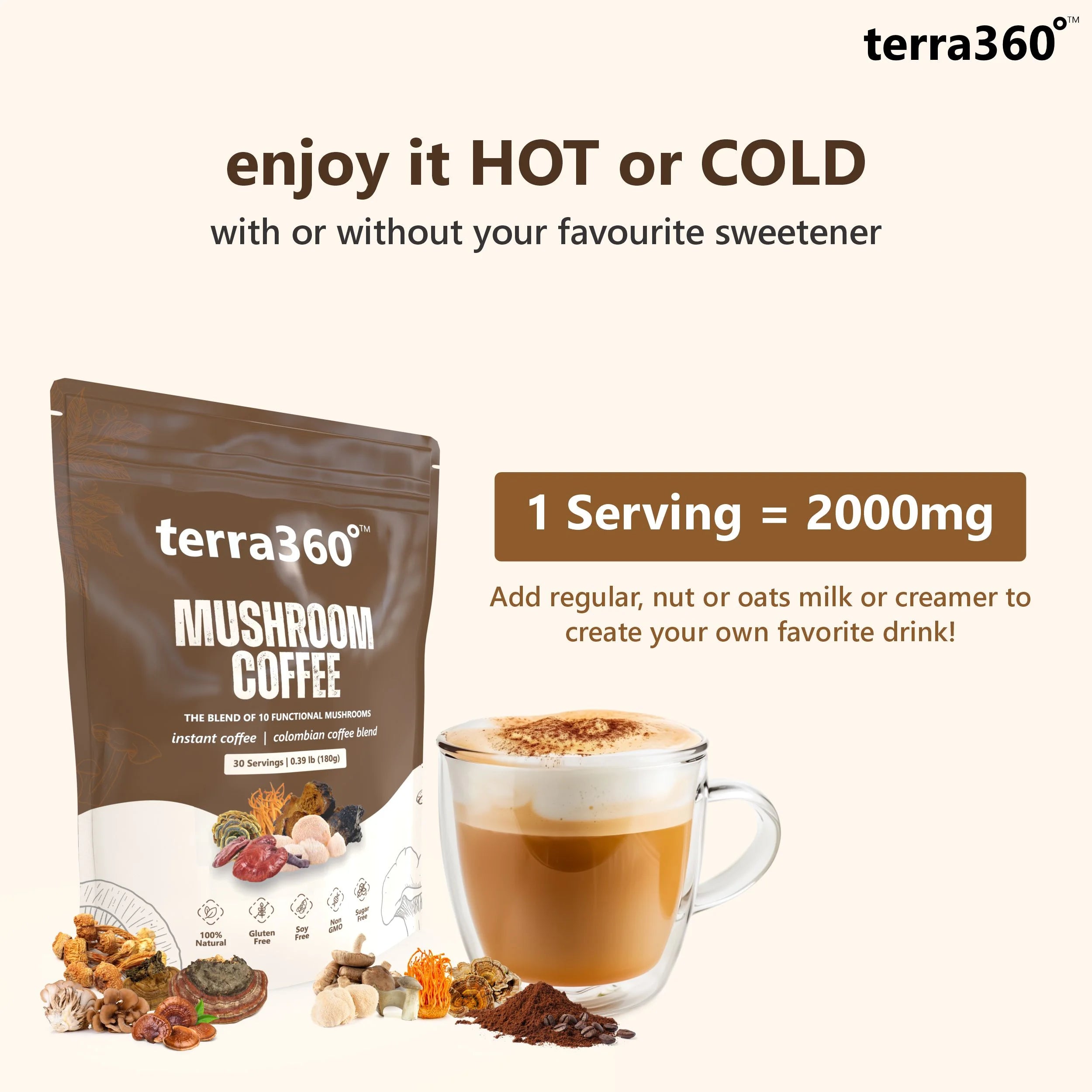 terra360° Instant Mushroom Coffee Powder - Energy & Focus Blend (180g, 30 Servings)